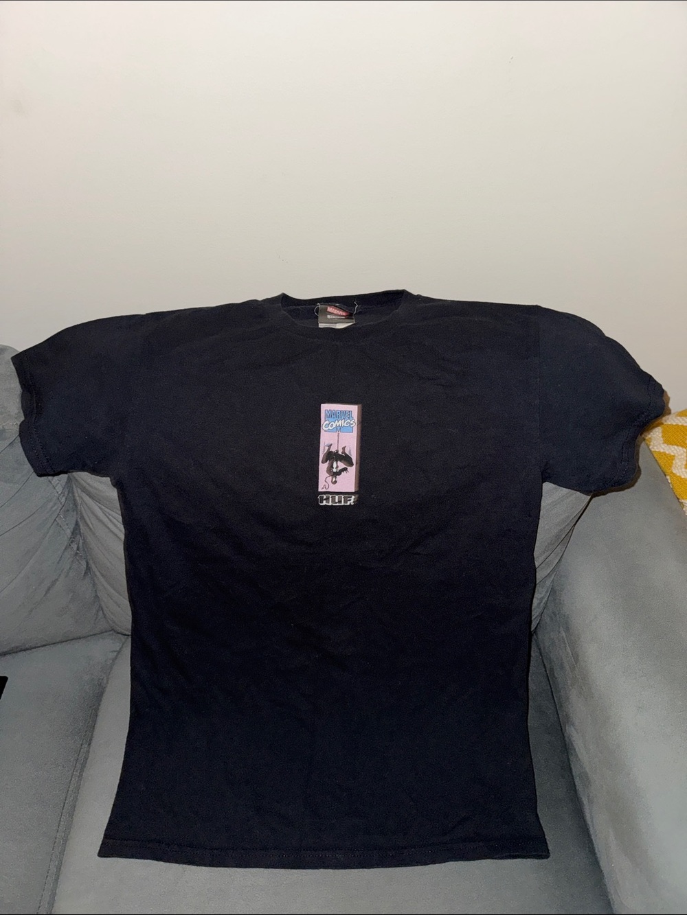 HUF Black Short Sleeve Tee with Pink & Blue Comic Panel